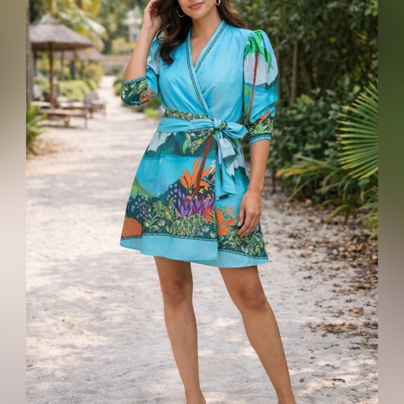 CELINA MOON Dresses & Skirts - Tuckernuck Celina Moon Wrap Tropical Print Cotton Mini Dress Size Small NWT